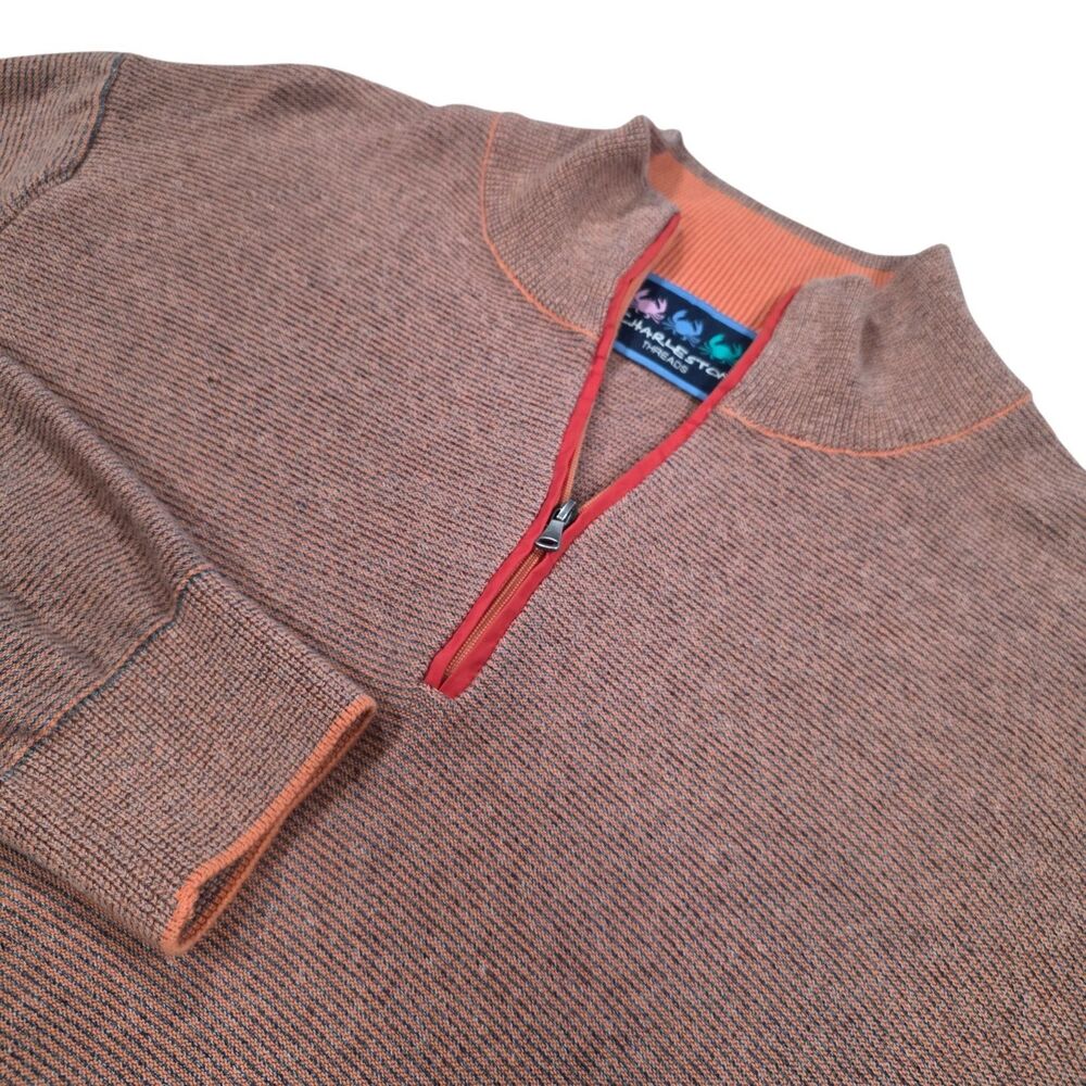 Charleston Threads Sweater Mens Large Orange Blue Stripe 100% Cotton 1/4 Zip L